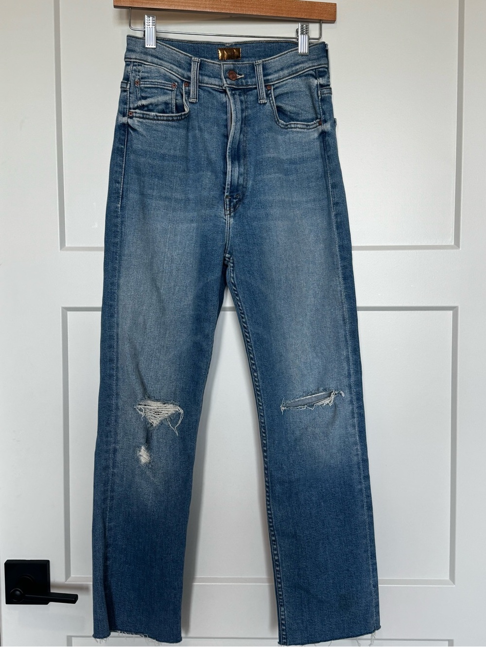MOTHER Straight-Leg Distressed Jeans in Mid Blue